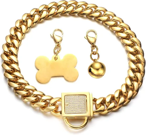 Miniatura 3 de Collar de cadena fuerte para perros grandes, eslabones cubanos dorados de acero inoxidable con hebilla de circonita cúbica, cadena de metal de 0.71