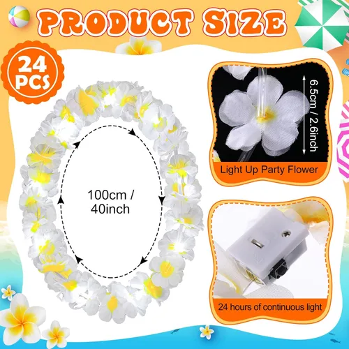 Miniatura 74 de Sherr 24 piezas de collares de flores de leis hawaianas con luces LED para boda, luces LED para leis hawaianas, collares de flores de leis hawaianas