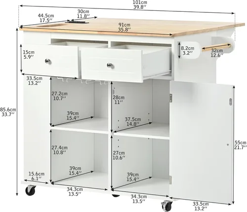 Miniatura 7 de Isla de cocina con toma de corriente, isla de almacenamiento de cocina con hojas caídas y madera de goma, mesa de carrito de cocina con 5 ruedas