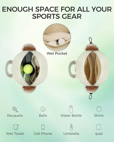 Miniatura 3 de Bolsa de tenis, mochila de tenis resistente al agua para mujeres y hombres, diseño de bandolera acolchada para tenis, pickleball, raquetas de Beige