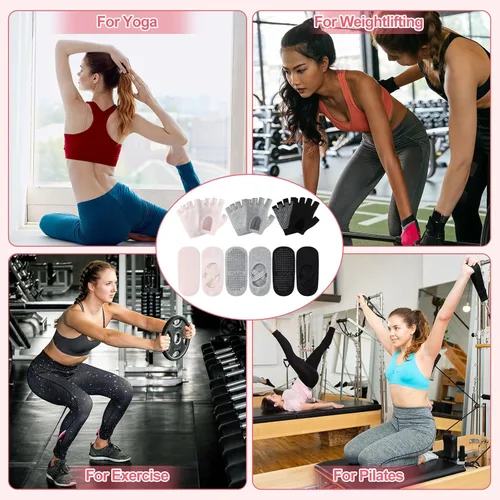 Miniatura 6 de Shihanee 6 pares de guantes de yoga antideslizantes para pilates, con agarre para mujer, guantes de silicona con agarre de puntos, calcetines sin