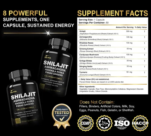 Miniatura 3 de DLNIA Shilajit 8 en 1 para hombres y mujeres con suplemento orgánico del Himalaya Ashwaganda con Rhodiola Rosea, ginseng, cúrcuma, hongos