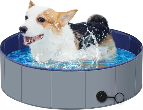 Piscina para perros grandes, piscina para niños, de plástico duro, bañera portátil, plegable para perros antideslizantes (gris oscuro, S - 32 x 8