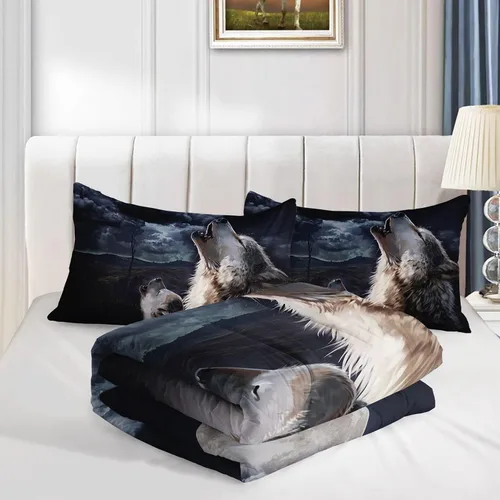 Miniatura 4 de Datura home - Juego de edredón para niños con lobo de tormenta para niños y niñas, edredón de lobo acuarela con nubes oscuras y animales salvajes