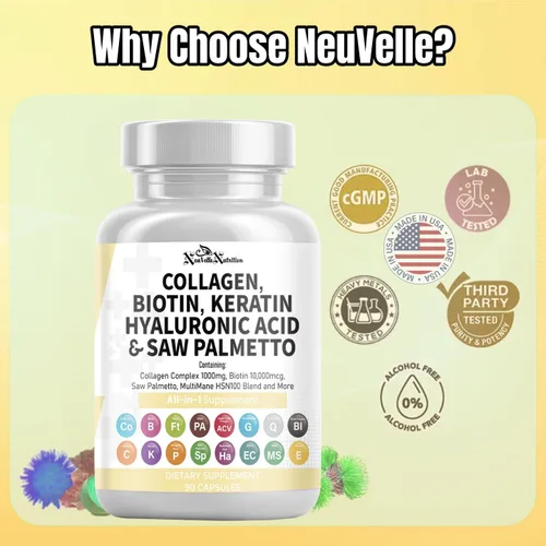 Miniatura 6 de Suplemento de colágeno 16 en 1, péptidos tipo I, II, III y V con biotina, queratina, ácido hialurónico, palma enana americana, vitaminas C y E