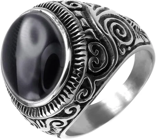 Miniatura 3 de XAHH - Anillo de acero inoxidable para hombre, diseño de ágata ovalada, color plateado y negro