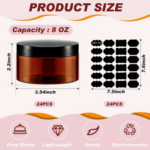 Miniatura 3 de Dandat 24 piezas 8 oz botes de plástico con tapa y etiqueta. Recipientes de muestra de cosméticos redondos ámbar PET recargables y vacíos para Ámbar
