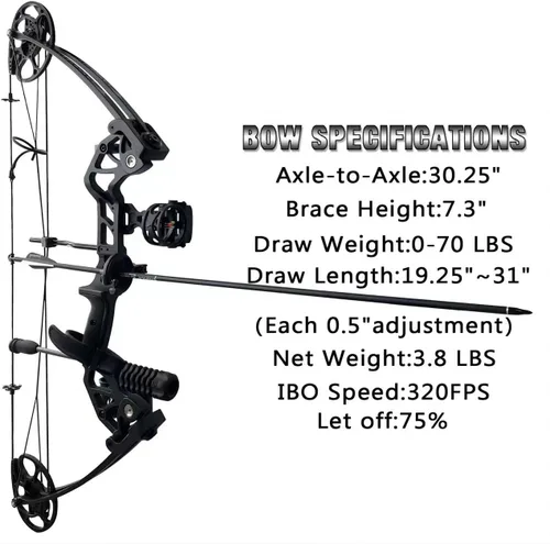 Miniatura 2 de Arco compuesto con peso de tracción de 0-70 libras para arqueros principiantes y de nivel intermedio, totalmente ajustable de 19.25"-31", con todos
