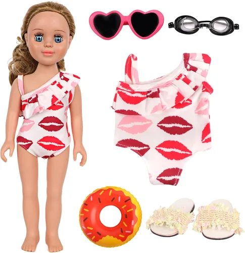 Miniatura 9 de MSYO Conjunto de traje de baño de playa de muñeca de 18 pulgadas, traje de baño patriótico de estrellas y rayas con lentes de sol, gafas