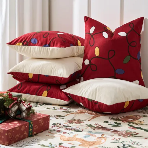 Miniatura 6 de jinchan Fundas de almohada navideñas de 20 x 20 pulgadas, fundas de almohada rojas navideñas con estampado de luces de cascabel, decoración