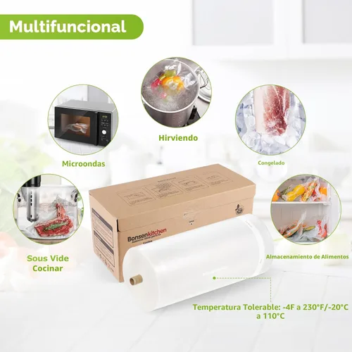 Miniatura 6 de [2025 Nuevo] Bonsenkitchen Rollos de Bolsas Selladoras al Vacío de 11" x 150' con Cortador para Almacenamiento de Alimentos, Grado Comercial, Sin