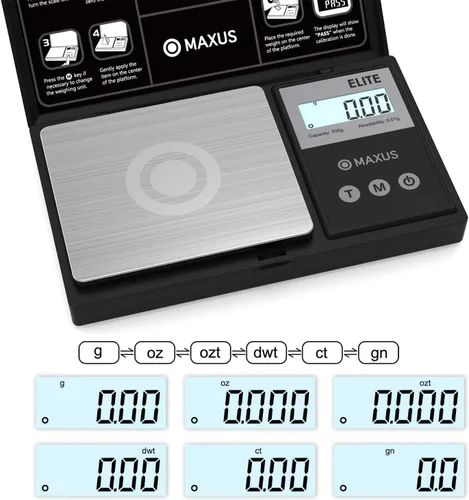 Miniatura 3 de MAXUS - Báscula de bolsillo digital de gramos 500 g x 0,01 g de alta precisión con bandeja, pesa alimentos pequeños, joyas, onzas, granos, pantalla
