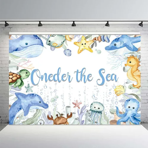 Miniatura 6 de MEHOFOND Oneder The Sea - Telón de fondo para primer cumpleaños bajo el mar, fondo de fotografía de feliz cumpleaños, tema oceánico, suministros
