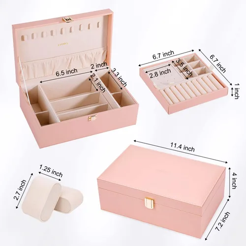 Miniatura 6 de LANDICI Joyero organizador para mujeres y niñas, caja grande de 2 capas para reloj con bandeja extraíble, soporte de almacenamiento de joyas de piel