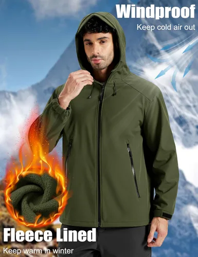 Miniatura 4 de MAGCOMSEN Chaqueta impermeable Softshell para hombre, con forro polar, ligera, con capucha, rompevientos, para invierno, senderismo, táctica