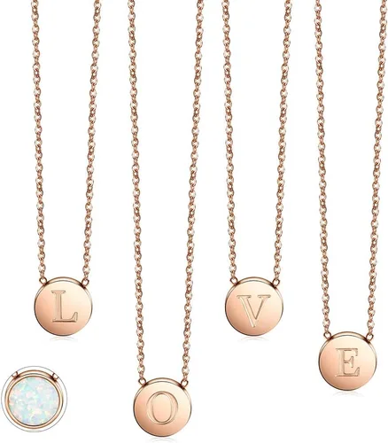 Miniatura 2 de CIUNOFOR Collar con dije de ópalo del alfabeto chapado en oro rosa, collar con inicial de disco redondo, collar de letra grabada con cadena