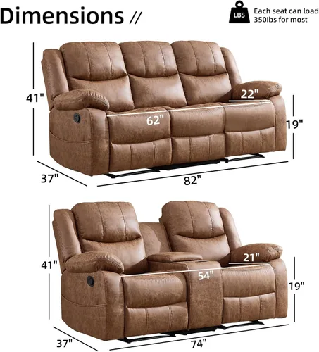 Miniatura 2 de EBELLO Juego de sofá reclinable manual de 2 piezas, juego de sofá reclinable de piel sintética para sala de estar, incluye sofá reclinable de dos