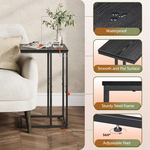 Miniatura 5 de WLIVE Mesa auxiliar negra, mesa auxiliar en forma de C para dormitorio, oficina en casa, dormitorio, mesa de sofá de sala de estar, mesa de bandeja