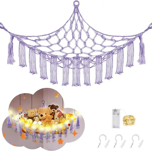 Miniatura 19 de CERETIA Hamaca de animales de peluche con luz LED, red grande de almacenamiento en esquina de animales de peluche para decoración de habitación