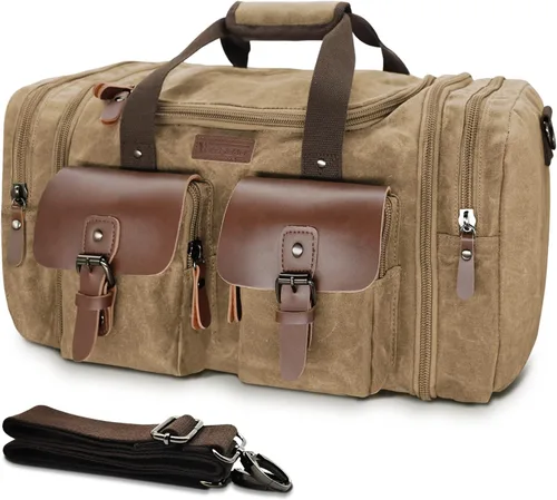 Miniatura 16 de Wildroad Bolsa de viaje de lona de 50L, bolsa de lona expandible de cuero genuino, bolsa de fin de semana mejorada para una noche, bolsa de mano