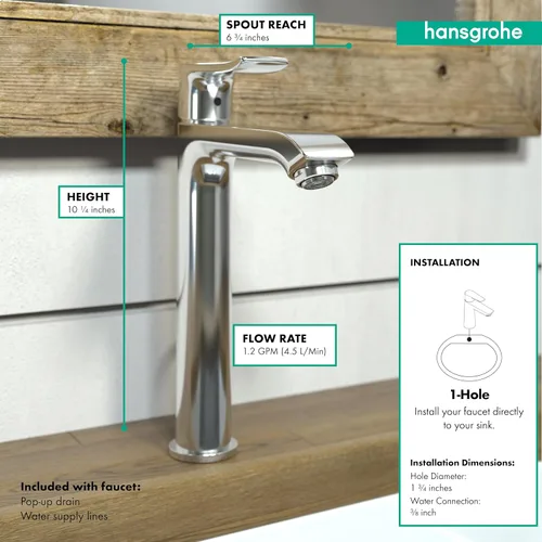 Miniatura 4 de hansgrohe Metris Modern 31183001 - Grifo de lavabo de baño de 1 manija y 10 pulgadas de alto, moderno, atemporal, fácil de limpiar, color cromado
