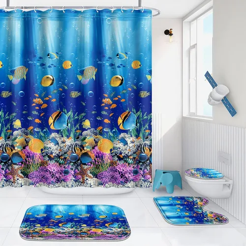 Miniatura 5 de Poedist - Juego de ducha de baño, 4 piezas, diseño de mundo submarino azul para niños, incluye cortina de ducha y tapetes para baño