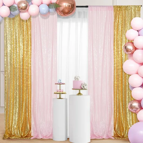 Miniatura 5 de 4 paneles de cortina de lentejuelas doradas y rosas de 2 x 8 pies, cortinas de fondo de lentejuelas con purpurina para decoración de fiesta