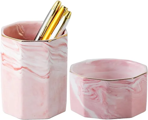 Miniatura 8 de Juego de 2 organizadores estéticos de escritorio para oficina, soporte para bolígrafos y dispensador de clips de papel, cerámica a cuadros, lindo