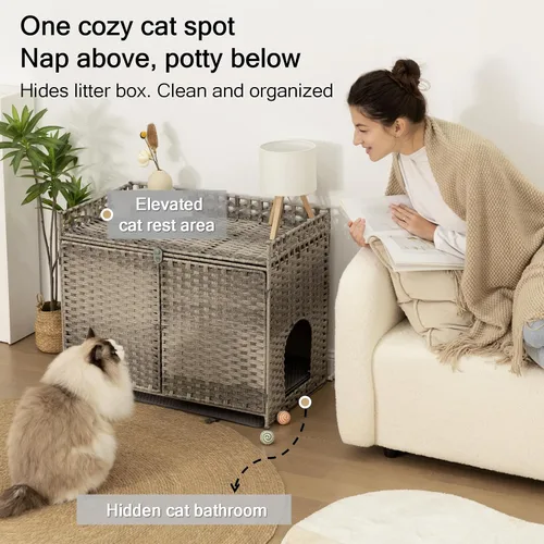 Miniatura 2 de Furriends Caja de arena para gatos con 2 alfombrillas, muebles ocultos de ratán tejido a mano, grande, 30.3 pulgadas de largo x 18.2 pulgadas