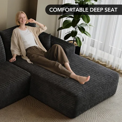 Miniatura 8 de Sofá modular sin hueso de 107.7 pulgadas, moderno sofá tapizado de pana en forma de U para sala de estar, asiento profundo con diván y otomana Negro