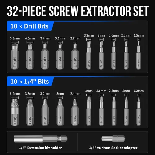 Miniatura 4 de STREBITO Juego de extractores de tornillos dañados, juego de 32 piezas de extractores de tornillos con eje de extensión magnético y adaptador