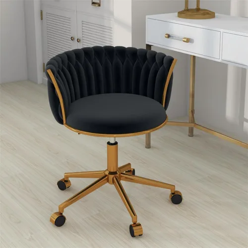 Miniatura 11 de ABET Silla de tocador con ruedas, pequeña silla de escritorio de terciopelo para oficina, taburetes de maquillaje semicirculares tejidos a mano