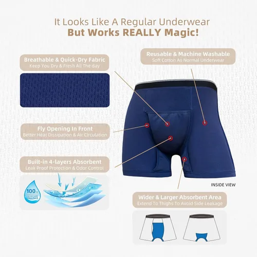 Miniatura 9 de Ropa interior lavable para incontinencia para hombre, calzoncillos bóxer de algodón, 3.4 fl oz de absorción, ropa interior a prueba de fugas
