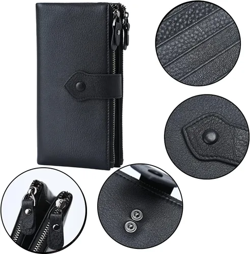 Miniatura 6 de Bveyzi - Cartera de cuero suave para mujer con bloqueo RFID, billetera plegable con doble cierre, porta-tarjetas para damas Soft, RFID Blocking