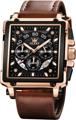 Miniatura 9 de OLEVS Relojes cuadrados para hombre, cronógrafo de cuero marrón, reloj de negocios de moda, luminoso, impermeable, relojes de pulsera casuales