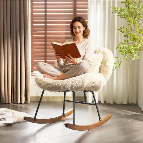 Miniatura 15 de VINGLI Silla mecedora de guardería extra ancha de 25.6" de 115° sin brazos, silla deslizante curvada linda con patas en X con almohada y madera