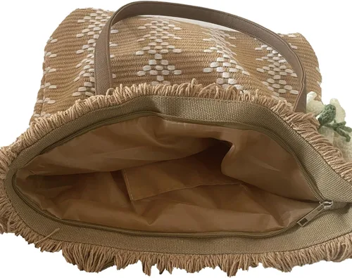 Miniatura 2 de Bolsa de paja para mujer, bolsas de playa hechas a mano, bolso de hombro suave con Azipper, Caqui