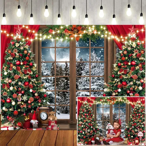 Fondo de fotografía navideña de invierno de 7x5 pies Ventana de madera rústica de Navidad Fondo de noche de luna llena Decoraciones para fiestas de