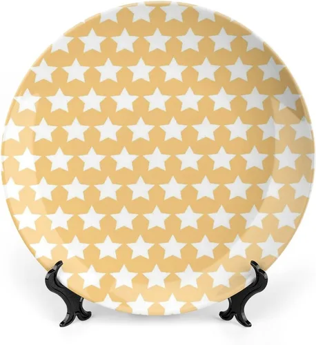 XISUNYA Plato decorativo de 6 pulgadas, plato de porcelana amarillo y blanco, estrellas en tonos suaves, patrón elegante, adorno de impresión retro,