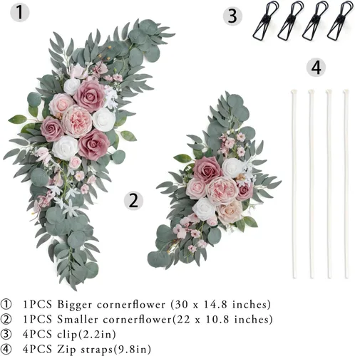 Miniatura 7 de ponatia Pequeños Ramos de Flores de Arco de Boda (Paquete de 2), Flores Artificiales Rosa Polvo para Señales de Bienvenida de Boda, Decoraciones