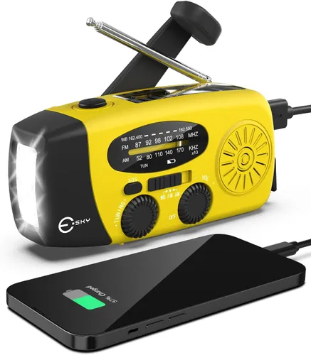 Miniatura 9 de Esky Radio de emergencia con manivela y 3 linternas LED, radio meteorológica portátil AM/FM/NOAA con cargador de teléfono de 2000mAh, radio