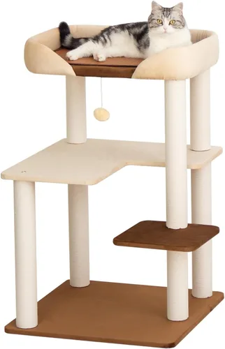 Árbol para gatos para gatos grandes, torre moderna amigable para gatos mayores con estantes anchos, postes rascadores de algodón, base súper