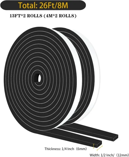 Miniatura 2 de Burlete para puerta, 1/2 pulgadas de ancho x 1/4 pulgadas de grosor x 26 pies, cinta de espuma CR de alta densidad para puerta, marco de puerta Negro