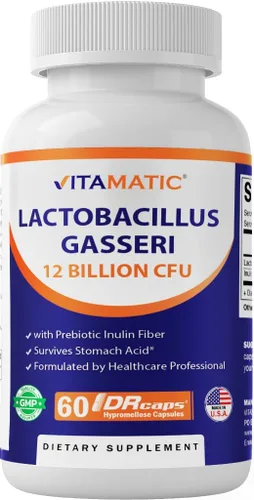 Vitamatic Lactobacillus Gasseri - 12 mil millones por cápsula DR - 60 unidades - Soporte digestivo - Fabricado con fibra prebiótica de inulina