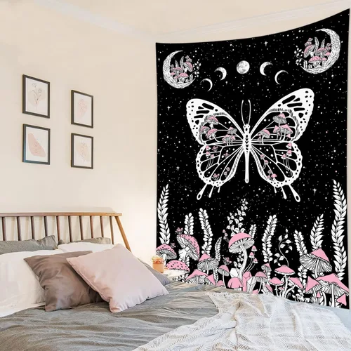 Miniatura 16 de LB Tapiz pequeño de mariposa colorido para colgar en la pared, diseño psicodélico de flores silvestres 3D, mariposas de fantasía floral, arte