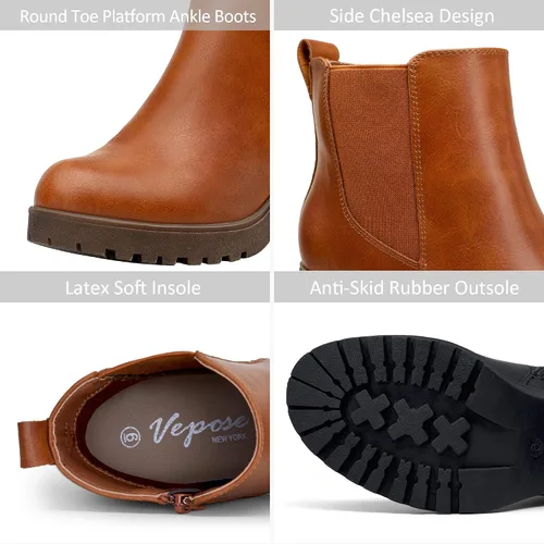 Miniatura 4 de Vepose Botines de moda para mujer, tacón bajo grueso, plataforma Chelsea para mujer