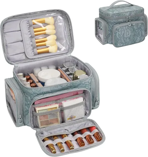 Miniatura 14 de Bagmoly Bolsa de maquillaje grande, organizador portátil de maquillaje para mujeres y niñas con compartimento para brochas de maquillaje y dos