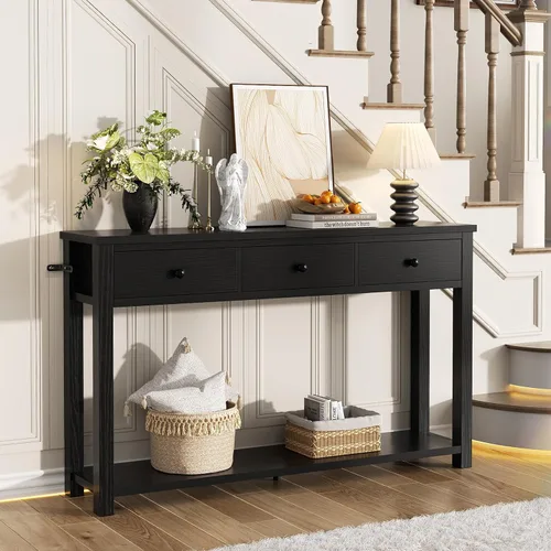Miniatura 6 de Homieasy Mesa consola de granja con 3 cajones, mesa de sofá de madera de 47 pulgadas con estante de almacenamiento para sala de estar, detrás