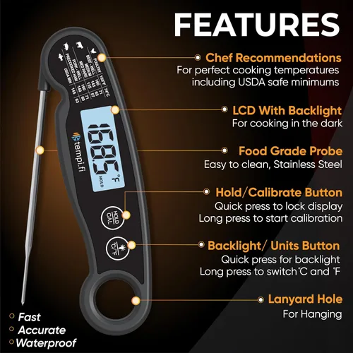 Miniatura 2 de Termómetro para carne Ultrarápido e impermeable Retroiluminación brillante y sonda de grado alimenticio Apagado automático Incluye tabla