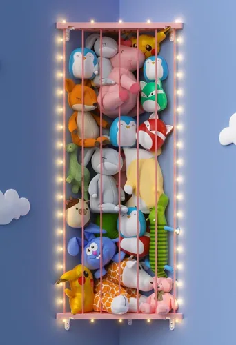 Red de almacenamiento de animales de peluche de esquina, soporte para animales de peluche con luces, organizador de juguetes de peluche, hamaca Rosa
